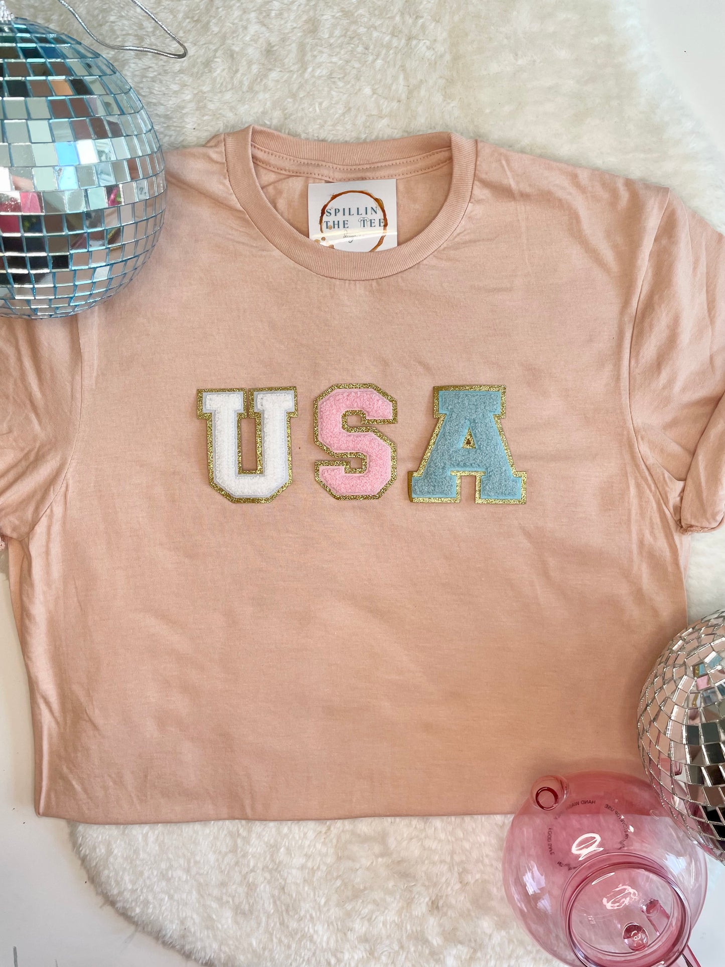 USA pastel white, pink and blue varsity letter Adult Tees