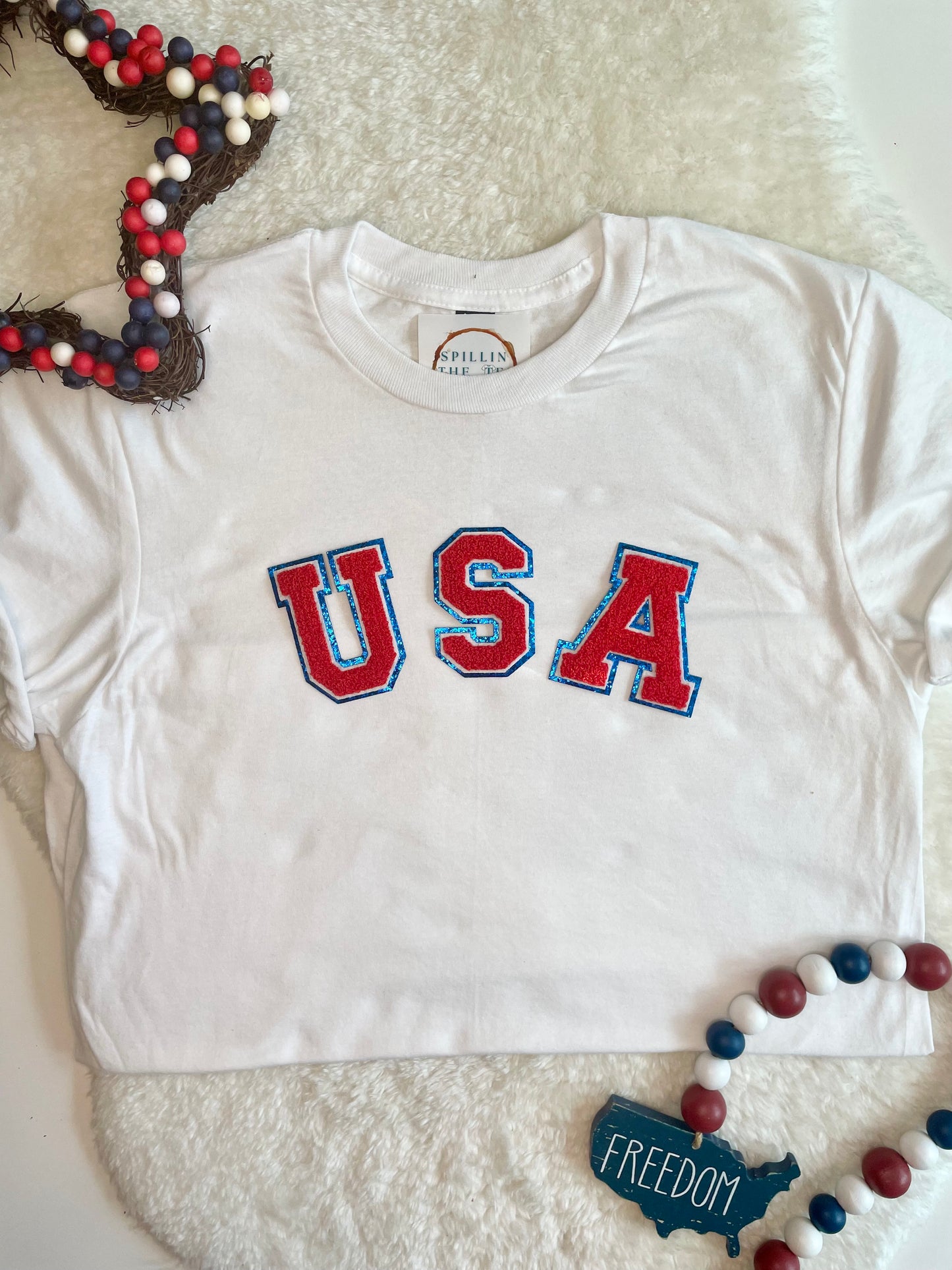USA red and blue glitter varsity letter Adult Tees