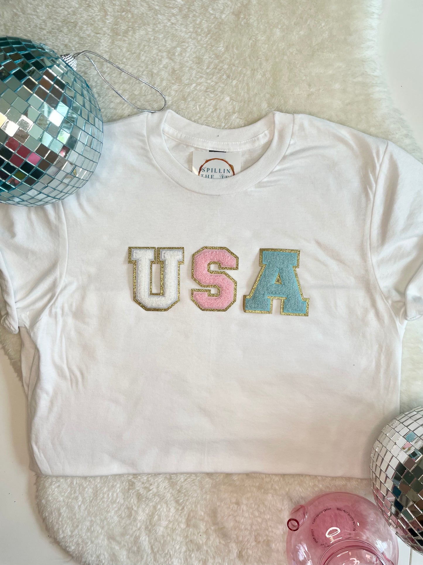 USA pastel white, pink and blue varsity letter Adult Tees