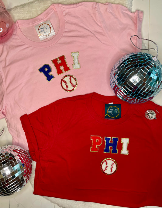 Phillies multi colored varsity letter with baseball patch tee