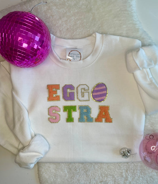 Eggstra glitter varsity letters Easter/Spring kids shirts