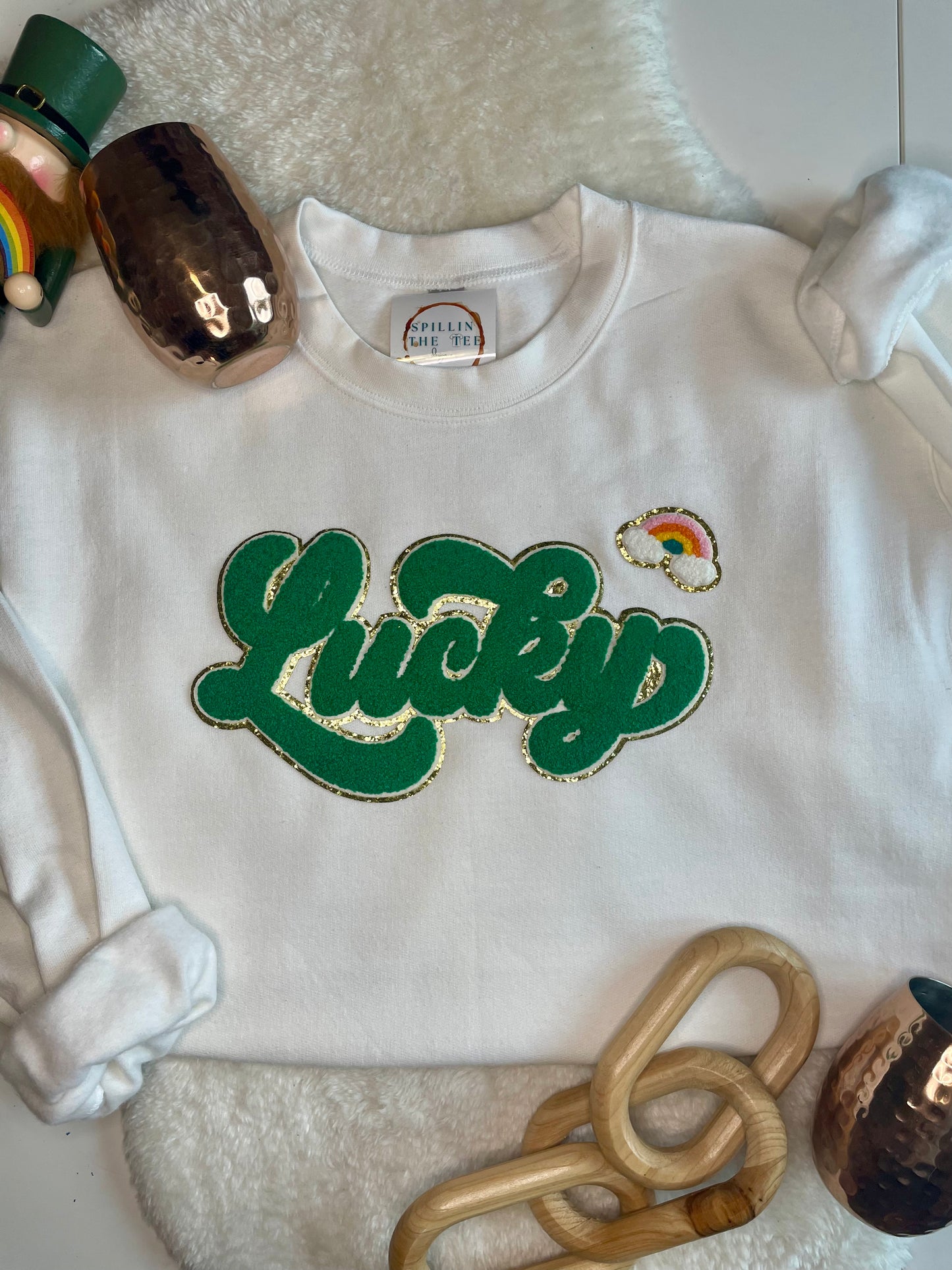 Green Lucky Script Chenille Patch with glitter border Pullover