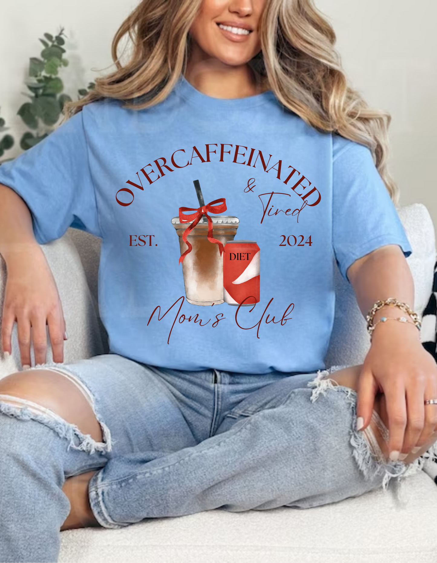 Overcaffeinated and Tired Mom's Club Adult Tees