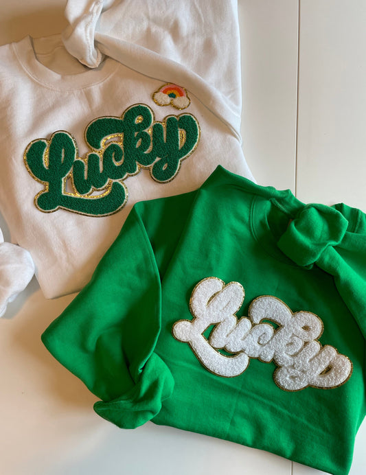 Green Lucky Script Chenille Patch with glitter border Pullover